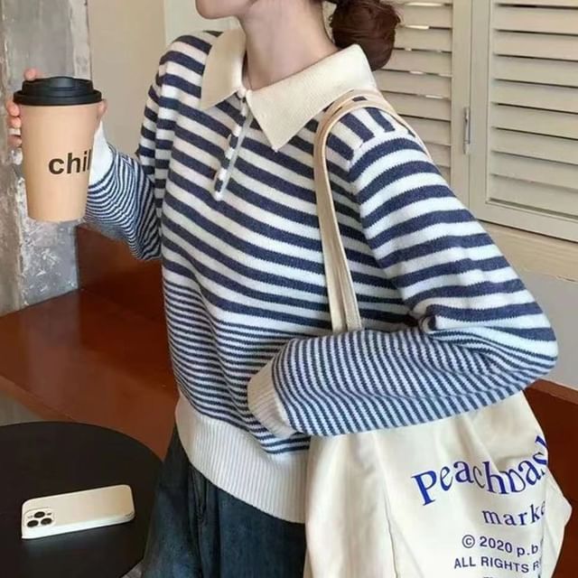 Bigfol-Striped Polo Sweater