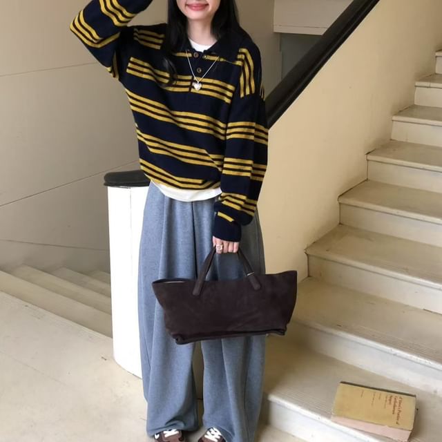 Bigfol-Striped Polo Sweater