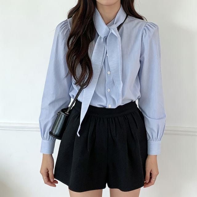 Bigfol-Striped Tie-Neck Button-Up Blouse