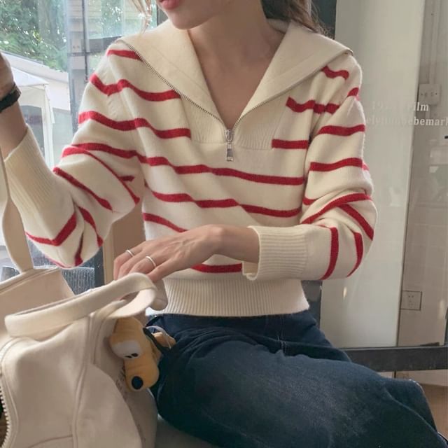 Bigfol-V-Neck Half Zip Striped Sweater