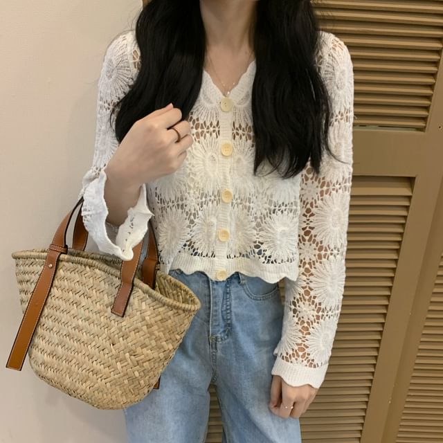 Bigfol-V-Neck Plain Crochet Cardigan