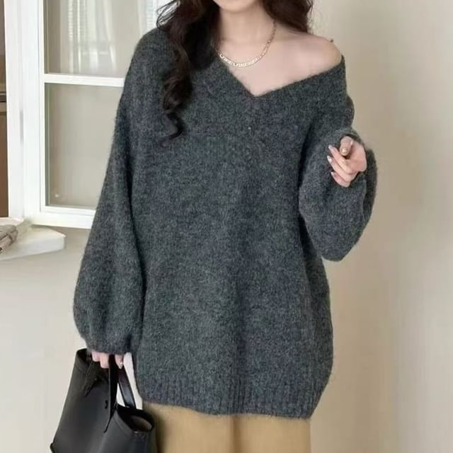 Bigfol-V-Neck Plain Oversized Sweater