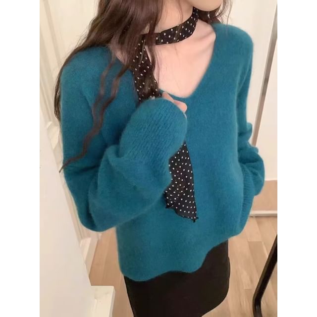 Bigfol-V-Neck Plain Sweater