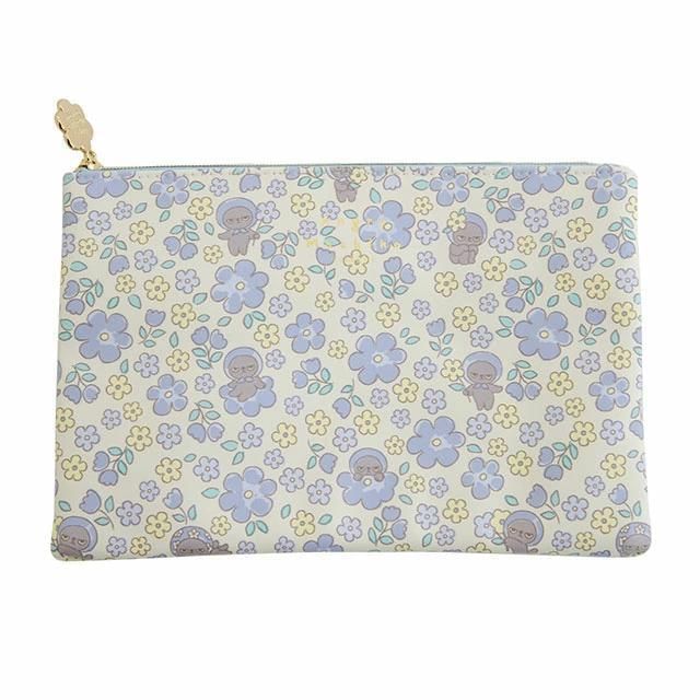 BISQUE-Cat Angry Machiko Flower Flat Makeup Pouch Blue