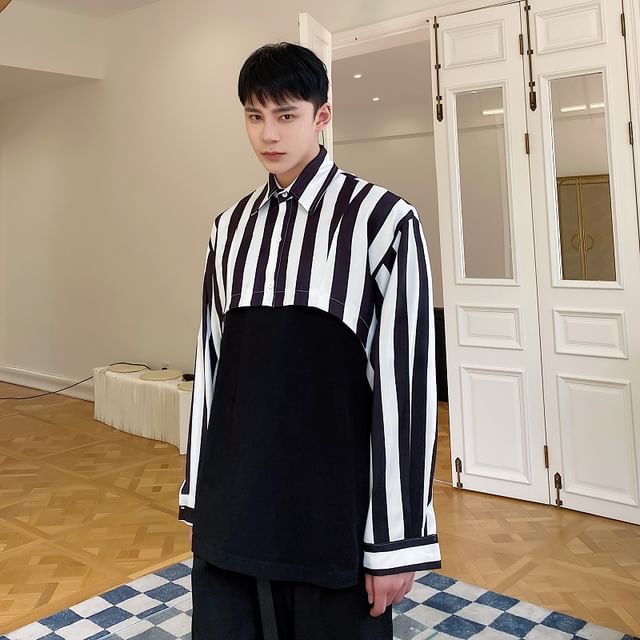 Bjorn-Long-Sleeve Striped Panel Overhead Shirt