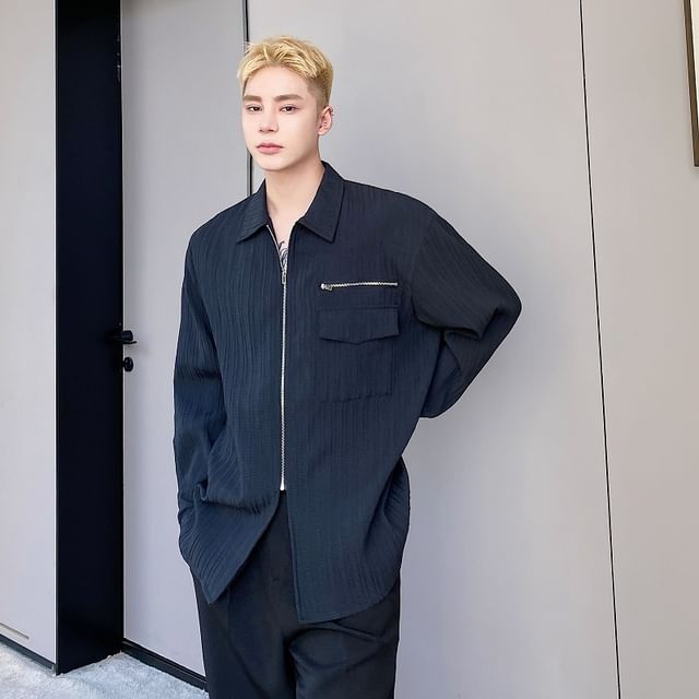 Bjorn-Long-Sleeve Zip-Up Pleated Shirt