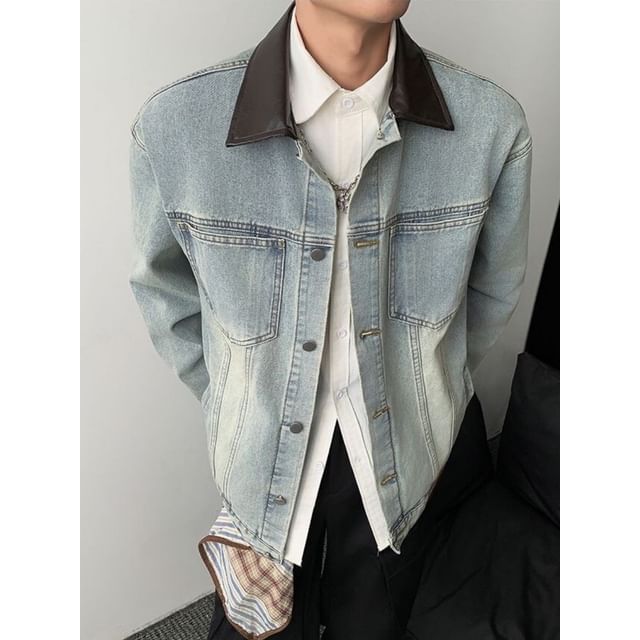 blastealle-Contrast Collar Washed Denim Button Jacket