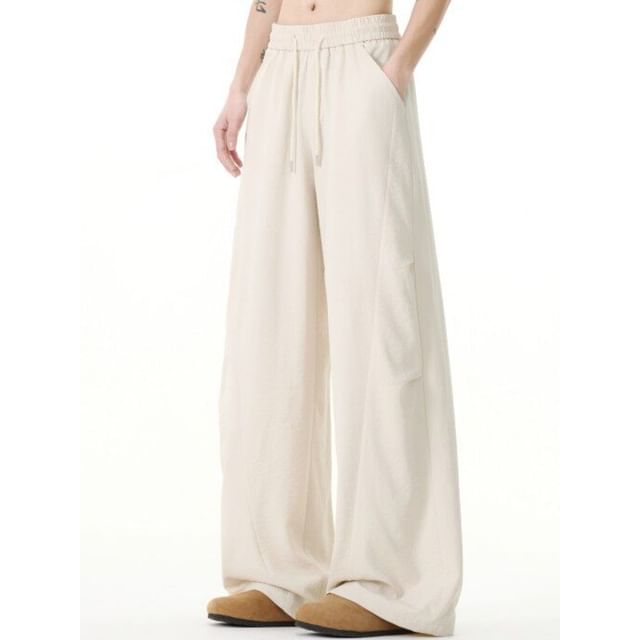 blastealle-Drawstring Waist Plain Wide Leg Pants
