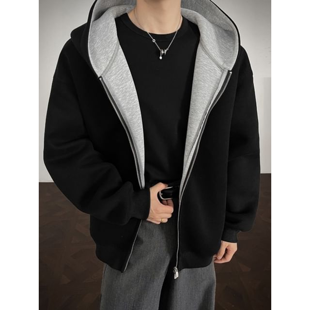 blastealle-Drop Shoulder Plain Zip Hoodie