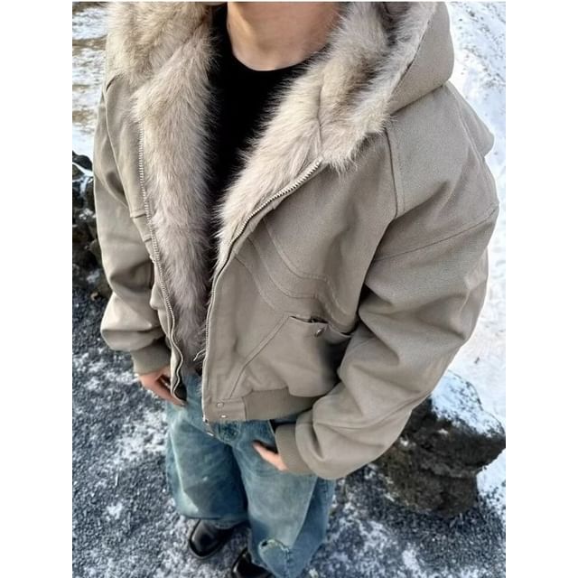 blastealle-Hooded Plain Fluffy Panel Zip Jacket