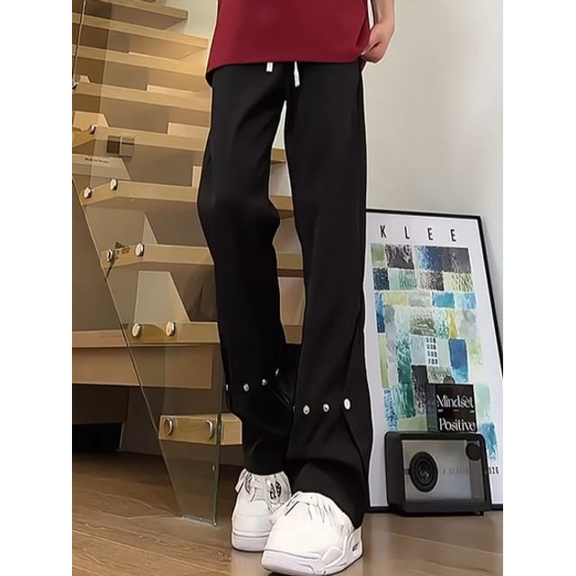 blastealle-Mid Rise Plain Buttoned Straight Leg Pants