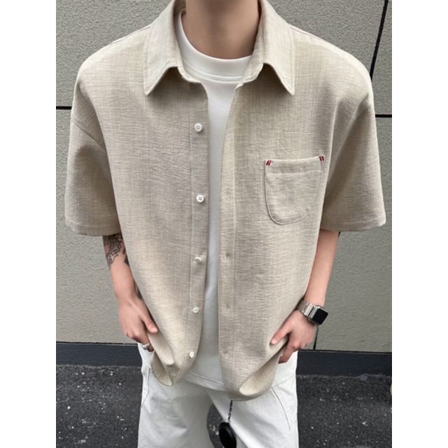 blastealle-Short-Sleeve Collared Plain Button Up Shirt