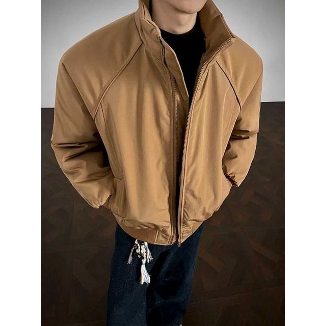 blastealle-Stand Collar Plain Zip Bomber Jacket