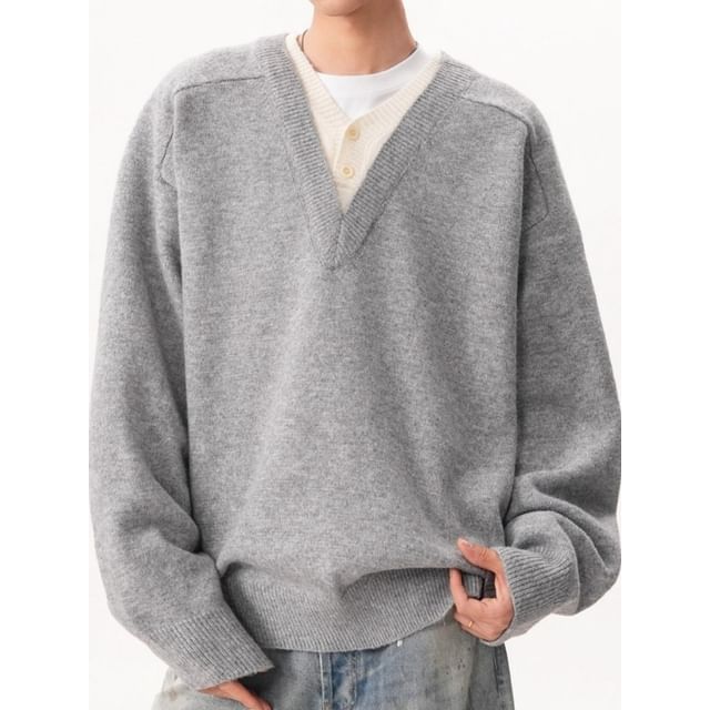blastealle-V-Neck Two Tone Sweater
