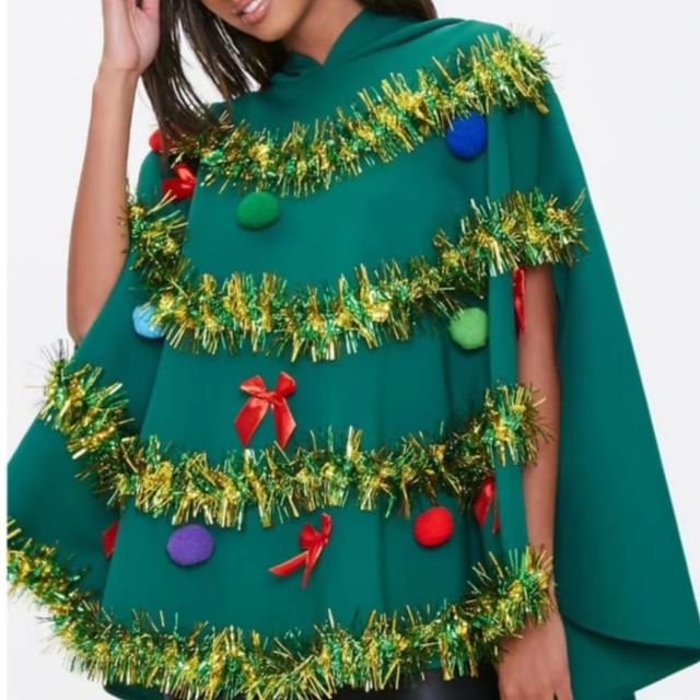 Bloomsoon-Pom Pom Hooded Christmas Tree Poncho