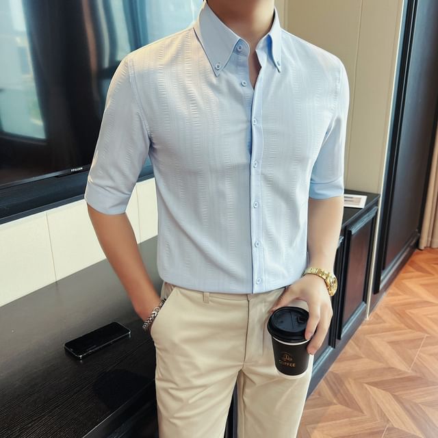 Blueforce-Elbow-Sleeve Button-Up Plain Shirt