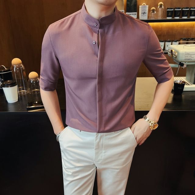 Blueforce-Elbow-Sleeve Stand Collar Button-Up Plain Shirt