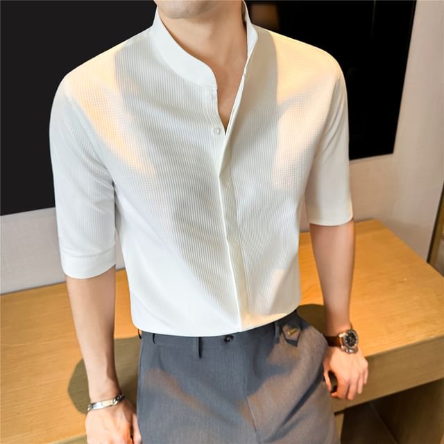 Blueforce-Elbow-Sleeve Stand Collar Button-Up Plain Waffle Shirt