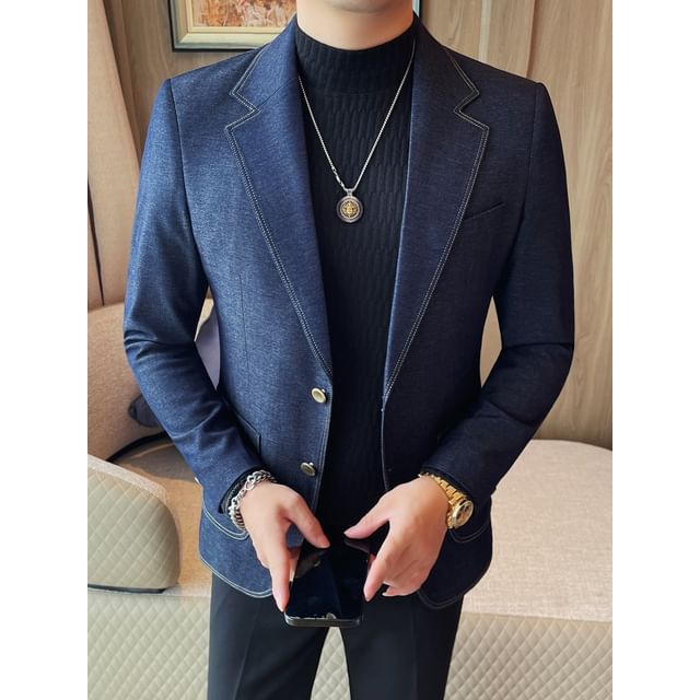 Blueforce-Lapel Collar Denim Single Breasted Blazer
