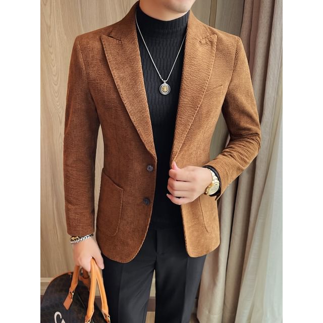 Blueforce-Lapel Collar Plain Corduroy Single Breasted Blazer