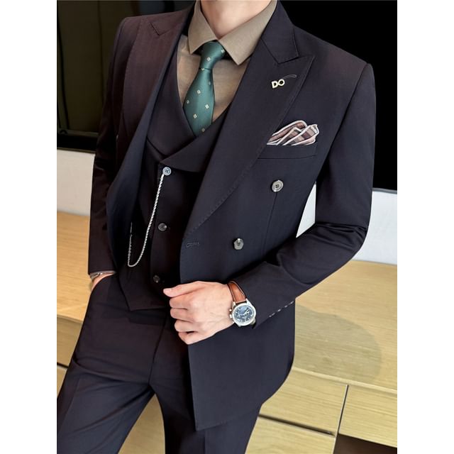 Blueforce-Lapel Collar Plain Double Breasted Blazer V-Neck Vest Mid Rise Dress Pants Set