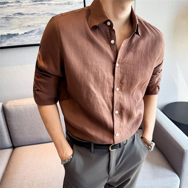 Blueforce-Long-Sleeve Button-Up Plain Shirt Stand Collar Shirt