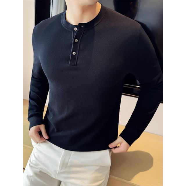 Blueforce-Long-Sleeve Henley Plain Knit Top