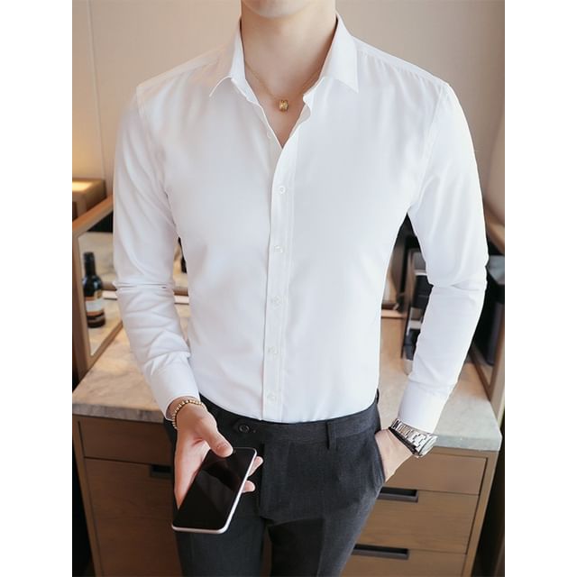 Blueforce-Long Sleeve Plain Button-Up Shirt