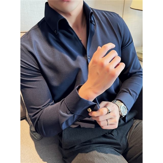 Blueforce-Long Sleeve Plain Button-Up Shirt