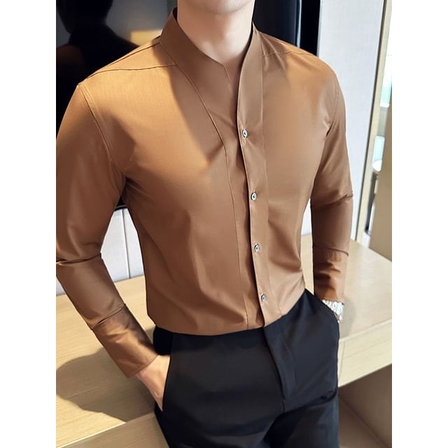 Blueforce-Long-Sleeve Stand Collar Button-Up Plain Shirt