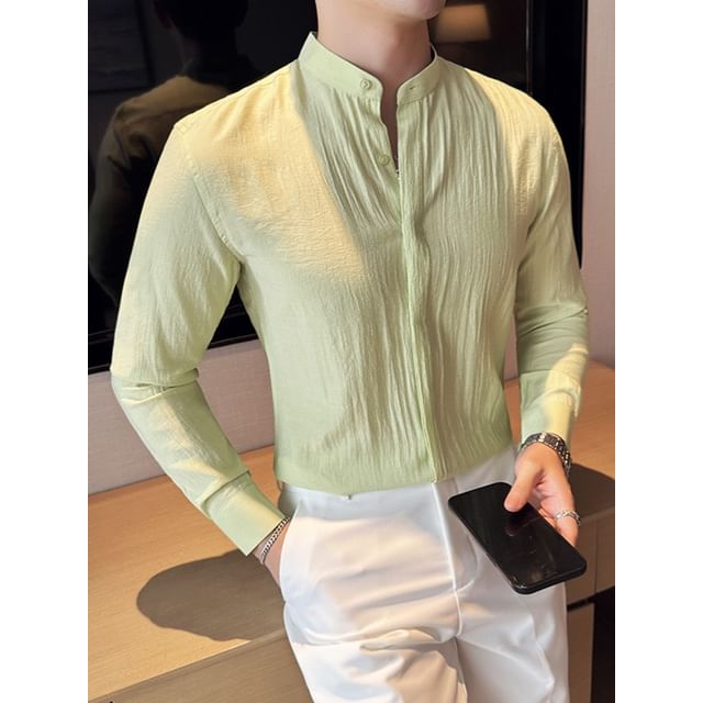 Blueforce-Long Sleeve Stand Collar Shirred Shirt