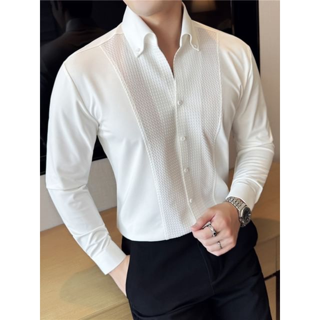 Blueforce-Long Sleeve Textured Panel Button-Up Shirt