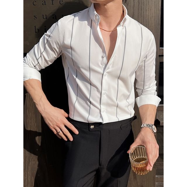 Blueforce-Long Sleeve Vertical Stripe Button-Up Shirt