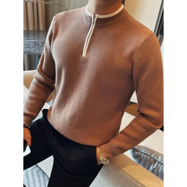 Blueforce-Mock Neck Half Zip Ribbed Knit Sweater