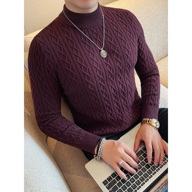 Blueforce-Mock Neck Plain Cable Knit Sweater