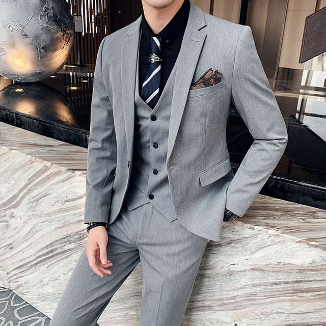 Blueforce-Notch Lapel Plain Single Breasted Blazer V-Neck Button Vest Mid Rise Cropped Tapered Dress Pants Set