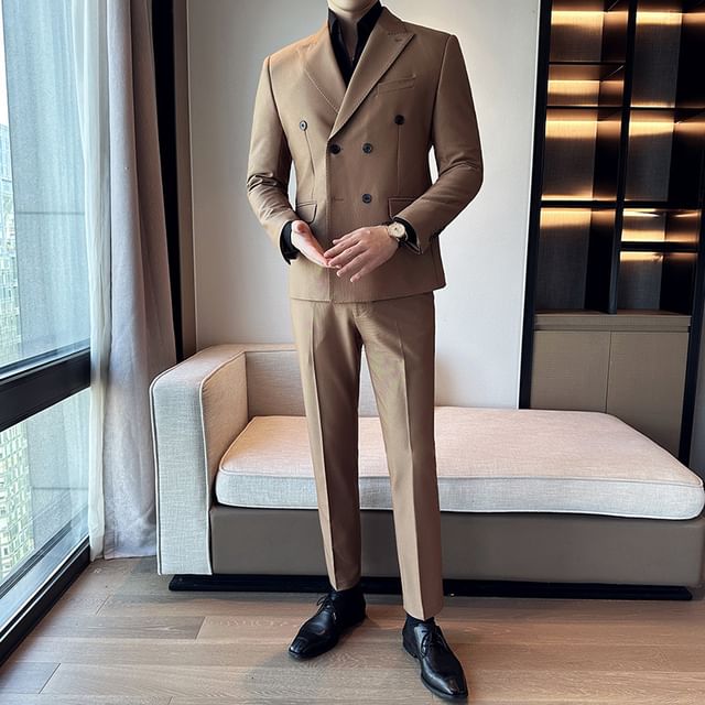 Blueforce-Peak Lapel Plain Double Breasted Blazer Mid Rise Cropped Tapered Dress Pants Set
