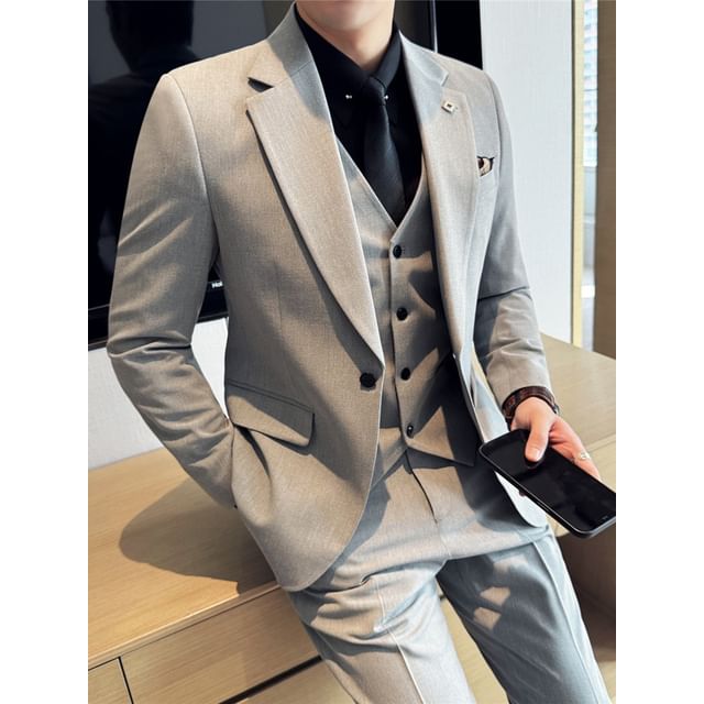 Blueforce-Plain Blazer Vest Cropped Slim Fit Suit Pants Set