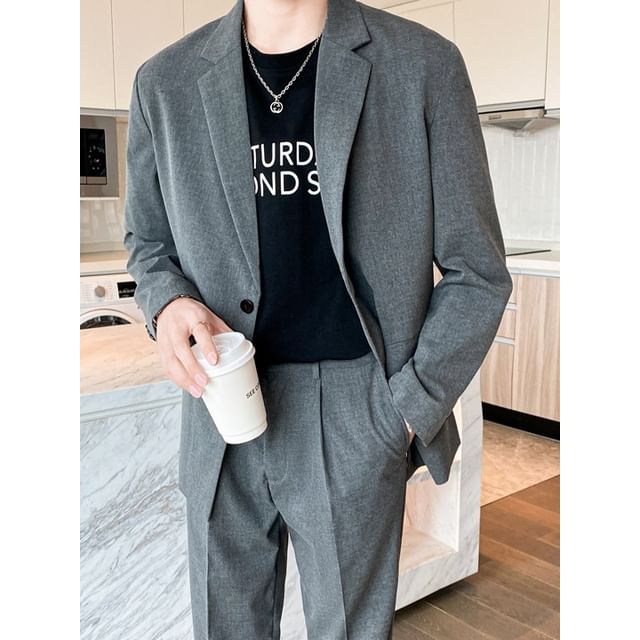 Blueforce-Set Button-Up Plain Blazer Dress Pants