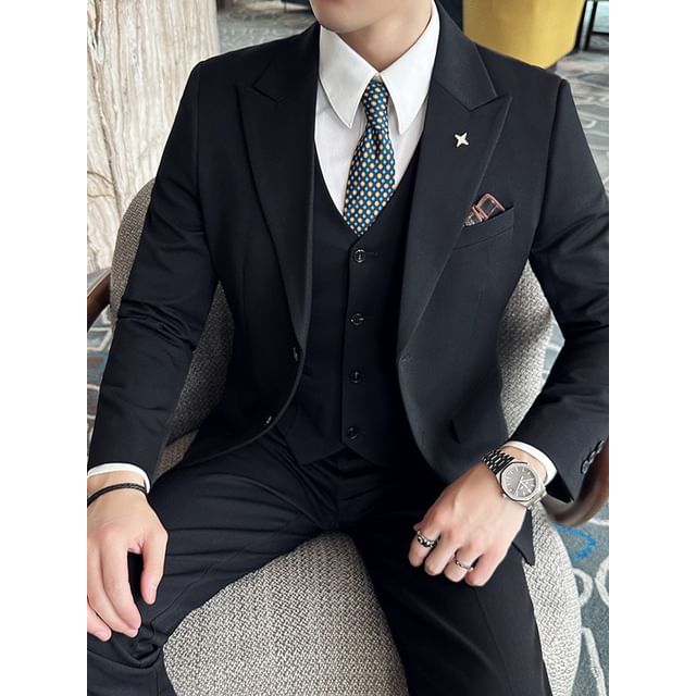Blueforce-Set Button-Up Plain Blazer Dress Pants