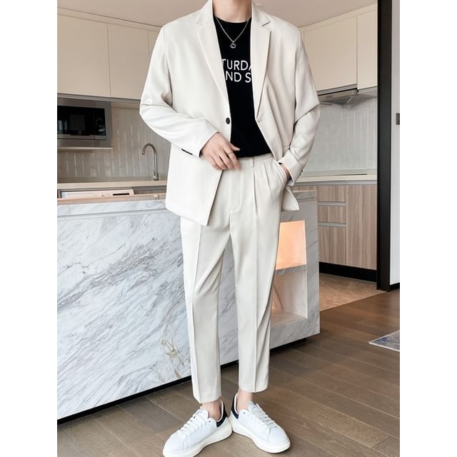 Blueforce-Set Button-Up Plain Blazer Tapered Dress Pants