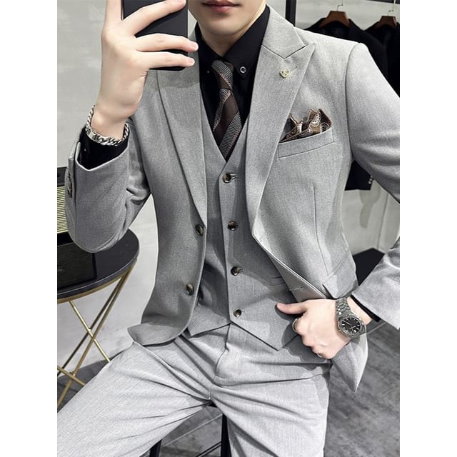 Blueforce-Set Button-Up Plain Blazer V-Neck Vest Dress Pants