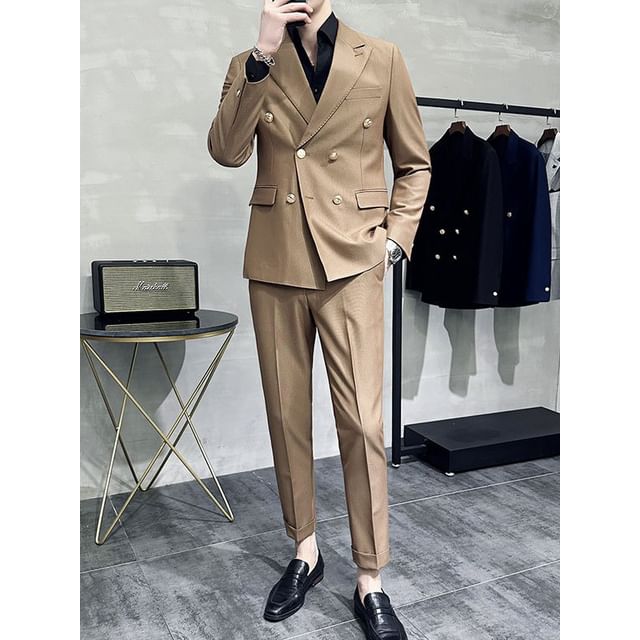 Blueforce-Set Double Breasted Plain Blazer Tapered Dress Pants