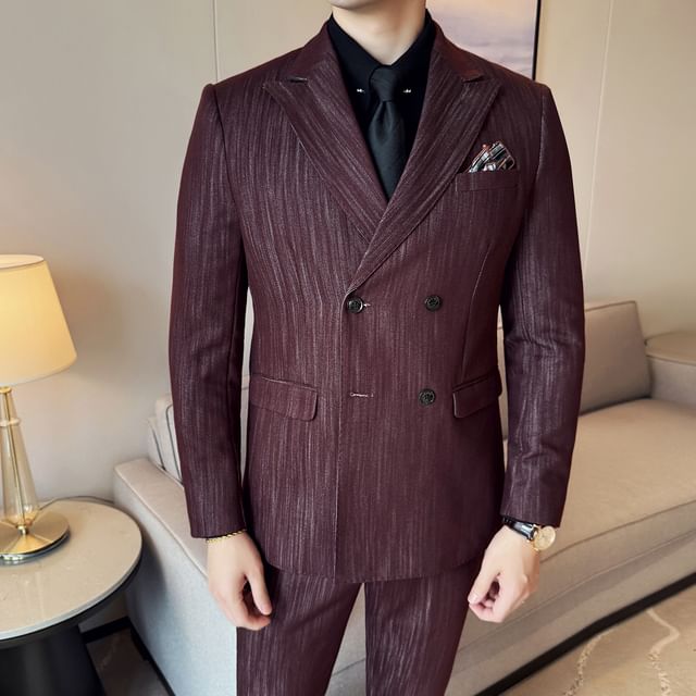 Blueforce-Set Lapel Collar Double Breasted Blazer Mid Rise Straight Leg Dress Pants V-Neck Vest