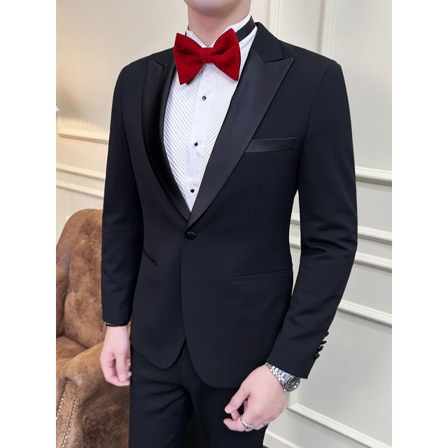 Blueforce-Set Lapel Collar One Buttoned Plain Blazer Dress Pants