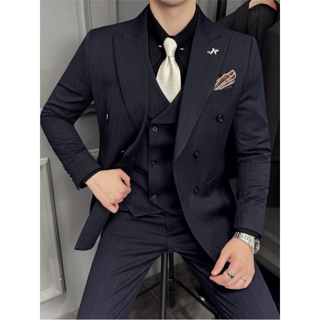 Blueforce-Set Lapel Collar Pinstriped Double Breasted Blazer V-Neck Vest High Waist Dress Pants