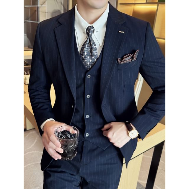 Blueforce-Set Lapel Collar Striped Single Breasted Blazer V-Neck Vest High Waist Slim Fit Dress Pants
