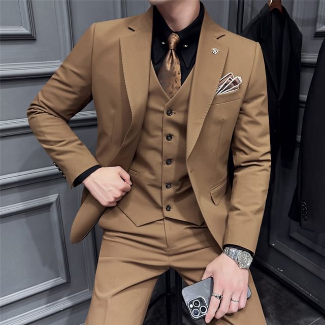 Blueforce-Set Notch Lapel Plain One-Buttoned Blazer V-Neck Single-Breasted Vest Mid Rise Straight Leg Dress Pants