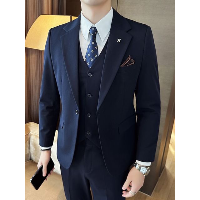 Blueforce-Set Notch Lapel Plain One-Buttoned Blazer Vest Dress Pants