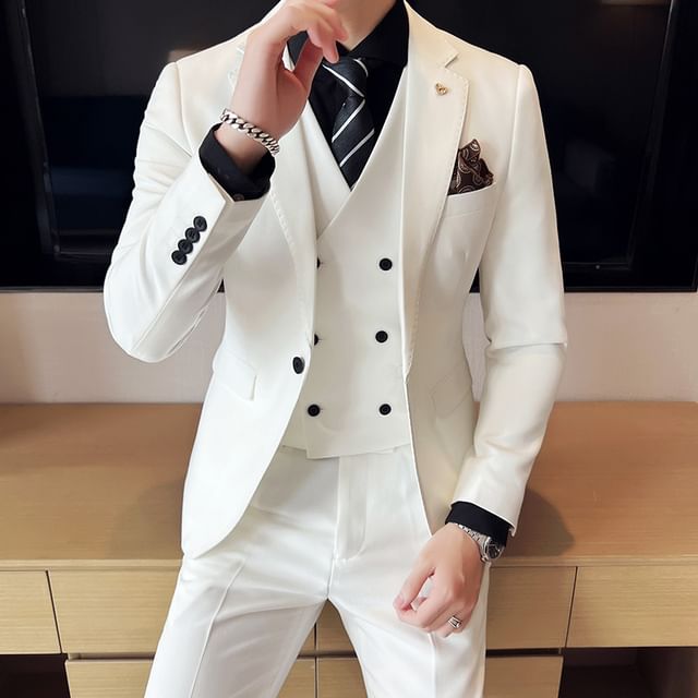 Blueforce-Set Notch Lapel Plain Single Breasted Blazer V-Neck Double Breasted Vest Mid Rise Cropped Slim Fit Dress Pants